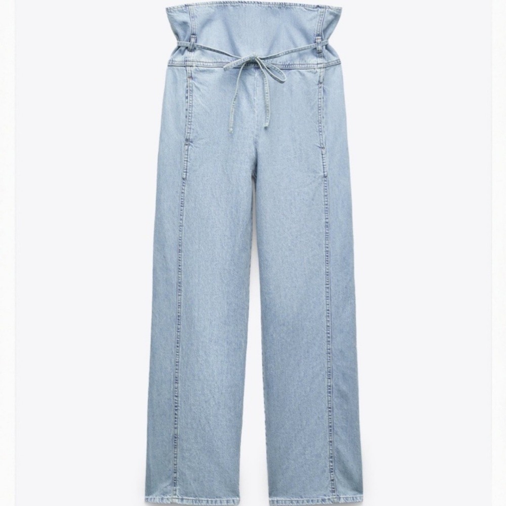 NWT Zara Jeans SZ 0 Light Blue Baggy Paper Bag Gathered Waist Thai Fishermen